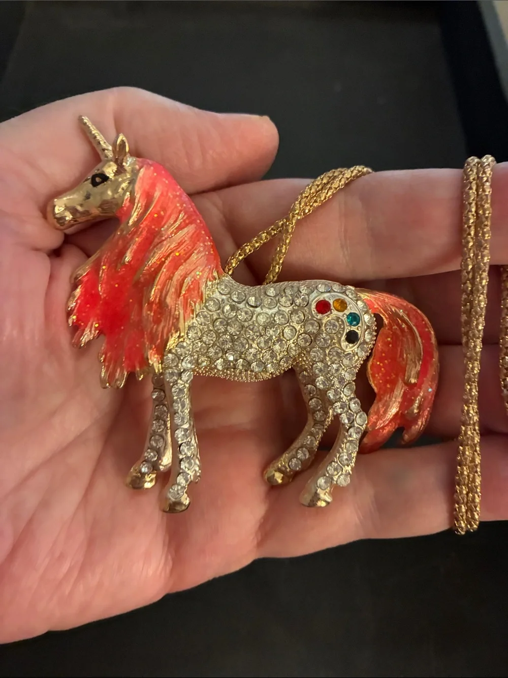 Unicorn Pendant Necklace with Orange Enamel Mane NWOT